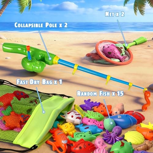 CozyBomB™ Magnetic Fishing Toys Game Set for Kids | Water Table Bathtub Kiddie Pool Party Pole Rod Net, Outdoor Plastic Floating Fish, Toddler Bath Color Ocean Sea Animals Birthday Gift Age 3-5 6 4-8 - Thumbnail 2