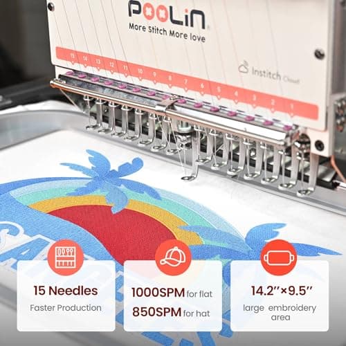 Poolin EOM 15-Needle Commercial Embroidery Machine,14.2"x9.5" Large Embroidery Area for Small Business User Friendly,for Hats,Cap & 3D Caps & Daily Orders,Auto Color Change & Trim,WiFi/USB Transfer - Thumbnail 3