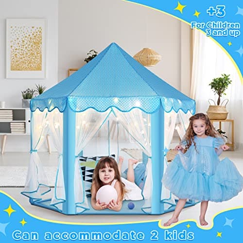 Monobeach Princess Castle Playhouse for Girls - Large Kids Tent with Star Lights for Indoor & Outdoor Play, 55'' x 53'' (DxH) (Blue Princess Tent with Little Star Lights) - Thumbnail 3