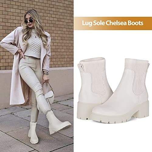 Athlefit Women's White Chelsea Boots Fall Platform Ankle Boots Slip on Chunky Lug Sole Boots - Thumbnail 2