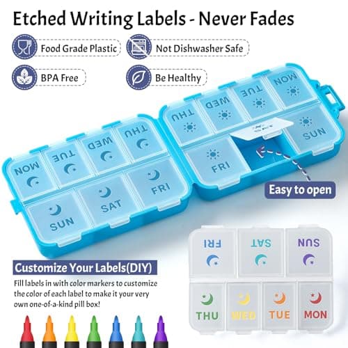 New Foldable & Double Protection Portable Weekly Pill Organizer 2 Times A Day with Etched Labels, AM PM 7 Day Week Medicine Box, Daily Travel Pill Case Holder Dispenser for Vitamin, Supplement - Blue - Thumbnail 2