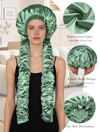 Vettres Heatless Curl Satin Bonnet for Sleeping, No Slip Sleep Bonnet with Long Curling Ribbons for Braids & Long Hair Green - Thumbnail 3