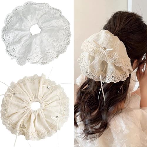 Jseng 2PCS Extra Large Lace Scrunchies for Hair, Korea Lace Hair Ties, Beige and Black