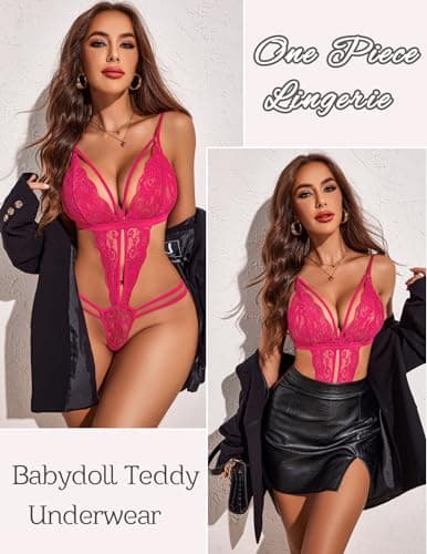 Avidlove Lingerie for Women Bodysuit Fishnet Babydoll Underwear (Rose Red, Medium) - Thumbnail 4
