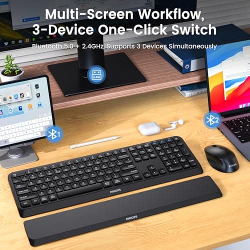 PHILIPS Bluetooth Keyboard and Mouse Combo, Ergonomic Design with Wrist Rest for Computer Keyboard, Bluetooth/2.4Ghz 3-Device Connectivity, Wireless Keyboard and Mouse Set for Windows/Android, Black - Thumbnail 2