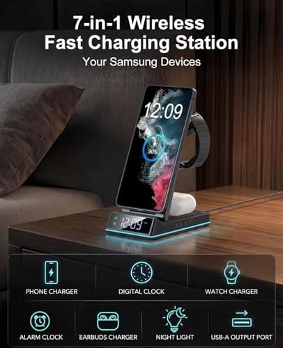 Wireless Charger for Samsung,7 in 1 Wireless Charging Station Foldable Fast Charger Stand with Night Light/Alarm Clock for Samsung Galaxy S26/S25/S24/S23/S22/S21/Galaxy Watch Ultra/8/7/6 Galaxy Buds - Thumbnail 2