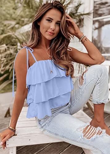 KIRUNDO Spaghetti Strap Ruffle Babydoll Peplum Tank Tops for Women 2026 Summer Cute Flowy Beach Vacation Cruise Outfits(Light Blue, X-Large) - Thumbnail 3