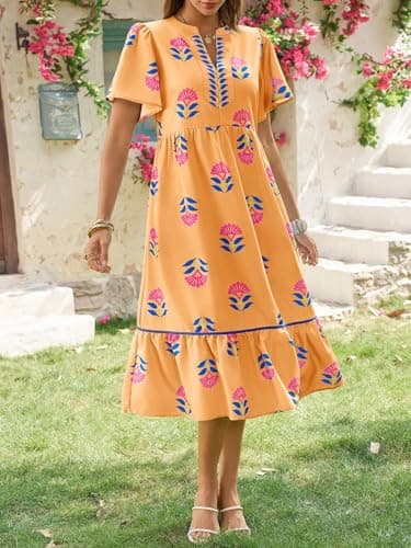 Wenrine Womens Summer Floral Midi Dress Casual Short Sleeve V Neck Flowy Ruffle Boho Beach Sundress with Pockets Orange - Thumbnail 5