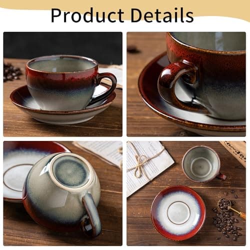Tvvtuww Porcelain Coffee Cup with Saucer Spoon Set, Vintage Design Ceramic Latte Art Cappuccino Barista Espresso Tea Cup with Saucer (11.6 oz, 350ml, Ink red) - Thumbnail 3