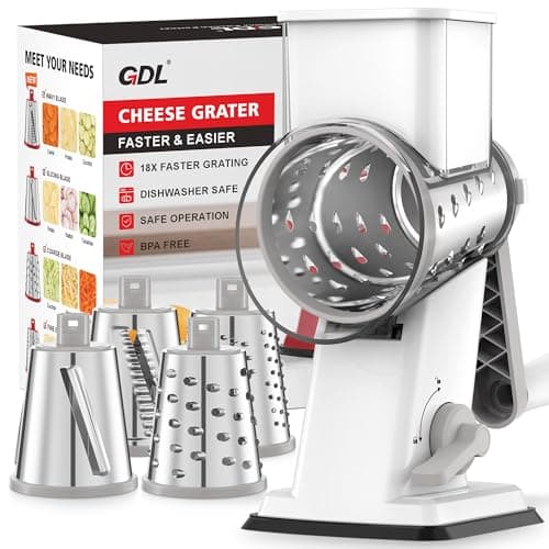 GDL Rotary Cheese Grater Hand Crank - Upgraded Cheese Shredder with 4 Interchangeable Blades, Rotary Grater with Non-slip Suction Base, Easy to Clean Kitchen Grater Slicer Grinder for Vegetable Nuts