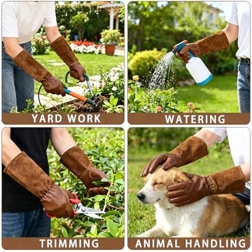 iuhkjnuh Leather Gardening Gloves for Women Men, Long Rose Pruning Gloves Thorn Proof Cowhide Gauntlet Cactus Garden Gloves for Yard - Thumbnail 4