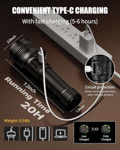 SKYFIRE Rechargeable Flashlights High Lumens: Super Bright LED Tactical Flashlight 3000lm Zoomable 5 Modes Waterproof 2*5000mAh Powerful Flash Light for Camping, Emergency, Gift (with Ignition Lens) - Thumbnail 5