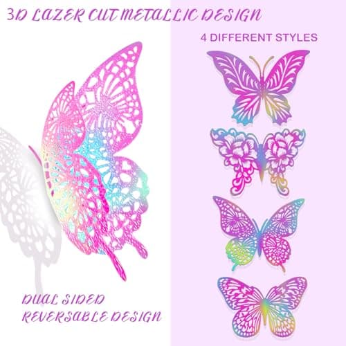 3D Butterfly Wall Decor 3 Sizes 4 Styles Butterfly Party Decorations Cake Decorations Removable Stickers Wall Decor Room Mural Metallic (Laser Pink Purple, 96Pcs) - Thumbnail 4