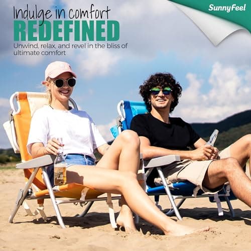 SUNNYFEEL Low Beach Chair, 5-Position Lay Flat Reclining, Backpack Portable Folding Chair with Cooler Bag & Cup Holder, Heavy Duty 350 LBS, Compact for Beach, Camping, Travel - Thumbnail 4