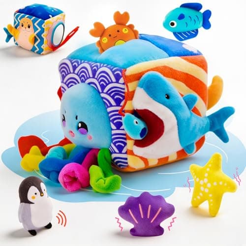 SAIMAND Baby Toys 6-12 Months–Mystery Soft Box with 5 Plush Marine Animals,Rattle,Crinkle Paper & Mirror–Montessori Sensory Toys for 6 Month Old Babies 1-3 Year Old Boy Girl Birthday - Image 1