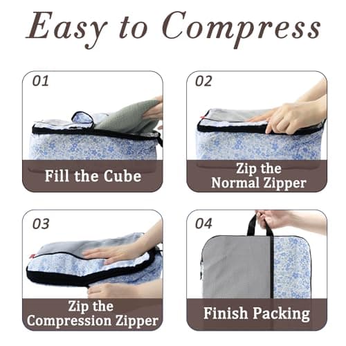 U+U 6 Set Compression Packing Cubes - Ultralight Travel Organizers with Laundry Bag, Space-Saving Suitcase Organizer for Travel, Business Trip and Family Vacation (Blue Flower) - Thumbnail 4