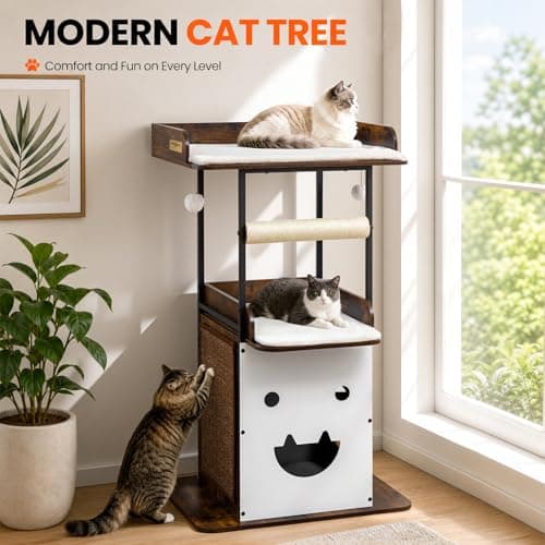 Feliskyn Wood Modern Cat Tree Tower for Indoor Large Cats, 48-Inch Tall Wooden Cat Trees with Big Perch Bed, Multi-Level Condo with Scratching Board Posts, Removable Pads, Cat Furniture, Rustic Brown - Thumbnail 2