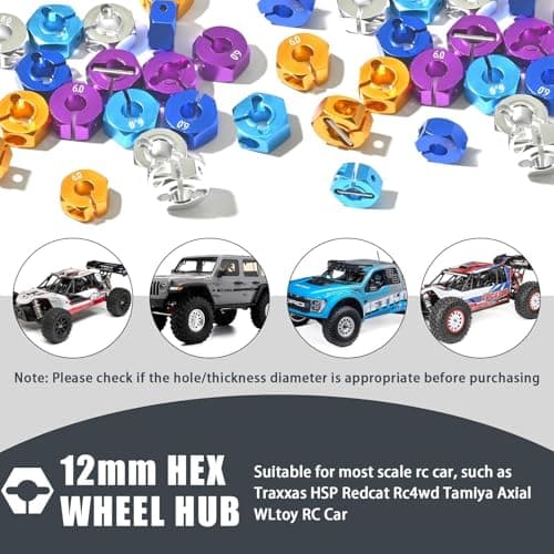 Fraizoe RC Aluminum 12mm Hex Wheel Hub 4Pcs w/Axle Pin M4 Flange Lock Nut Standard M3 M4 Nut 6mm Thickness Wheel Drive Adapter for 1/10 Traxxas HSP Redcat Rc4wd Tamiya Axial SCX10 WLtoy RC Car(25Pcs) - Thumbnail 6