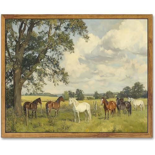 AtterrirArt Framed Vintage Horse Wall Art, 12x16 Inches, Farmhouse Animal Canvas Print, Rural Landscape Wall Decor Aesthetic, Retro Natural Wall Art For Bedroom, Living Room, Ready to Hang - Image 1