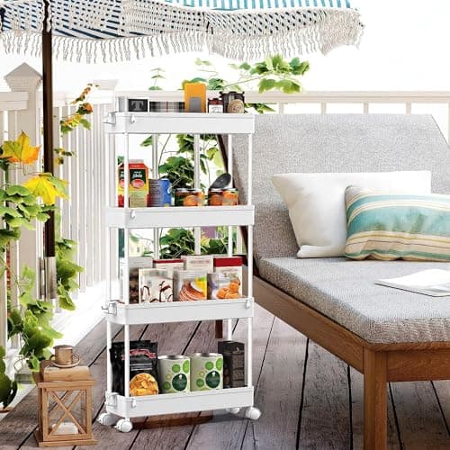 SPACEKEEPER Slim Rolling Storage Cart 4 Tier Bathroom Organizer Mobile Shelving Unit Utility Cart Tower Rack for Kitchen Laundry Narrow Places, White - Thumbnail 6