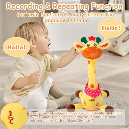 MILEGI Dancing Talking Giraffe Toy, Singing Musical Giraffe Plush Tummy Time Toys with Volume Adjustment, 10 Children's Songs Light Up Toys, Repeating What You Say, Baby Toys for Boys Girls - Thumbnail 2
