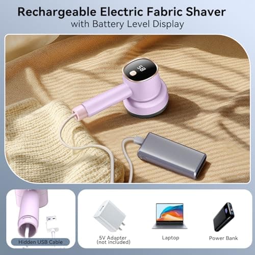 Smyeviva Rechargeable Fabric Shaver for Clothes: 6-Leaf Blades & 3 Speeds to Remove Pilling, Fuzz & Lint Balls - with LED Display, Portable Electric Lint Remover for Sweater, Couch, Blanket, Furniture - Thumbnail 5