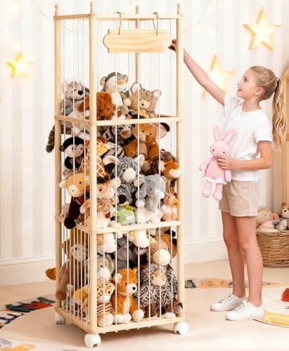 Stuffed Animal Storage - Wooden Large Organizer Holder for Kids' Room and Playroom - Plush Zoo Animals Holder with Elastic Cords & Brake Wheel for Toddler Bedroom Toy Stuff Organization - Image 1