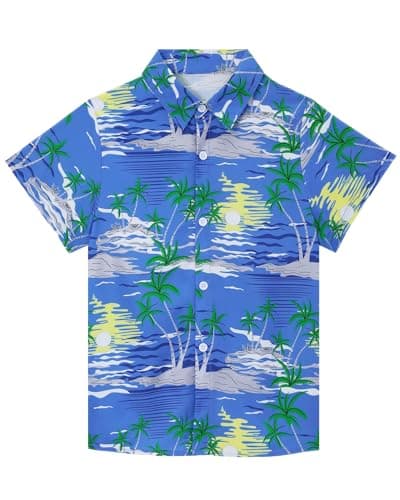 SEAOYOZO Boys Hawaiian Shirt Short Sleeve Casual Button Down Beach Aloha Shirt Kids Summer Hawaii Shirts 10 11 Years Tropical Print Sky Blue Beach Palm M - Image 1