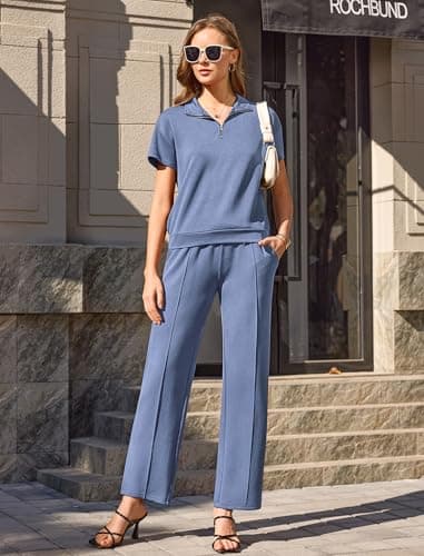 difficort Women's 2 Piece Matching Lounge Sets Summer Lapel Half Zip Sweatshirts Wide Leg Pants Casual Sweat Suit, Haze Blue, Small - Thumbnail 3