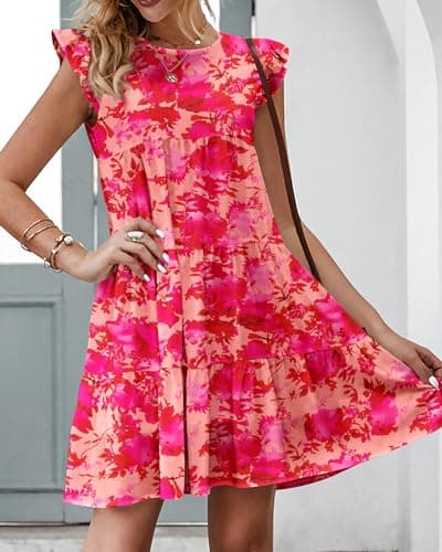 KIRUNDO Spring Dresses for Women Casual Boho Floral Ruffle Tiered Flowy Sleeveless Short Sundress 2026 Trendy Mini Cute Babydoll Dress(X-Large, Floral Rose Red) - Thumbnail 3