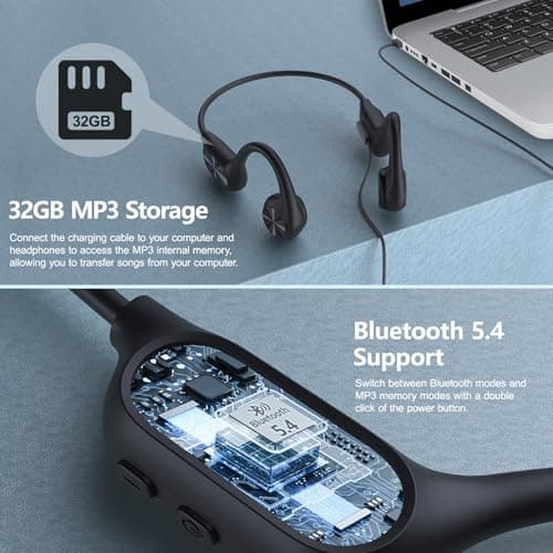 Bone Conduction Headphones for Swimming, IPX8 Waterproof Swimming Headphones with 32GB MP3 Memory and Bluetooth 5.4, Underwater Earbuds Secure Fit Open Ear Sports Headphones for Running, Cycling - Thumbnail 4
