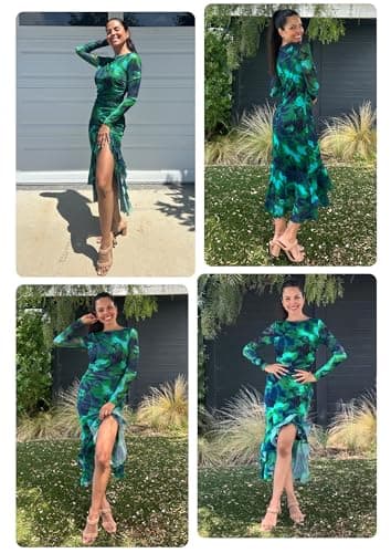 ECOWISH Women's Spring Wedding Guest Dress 2026 Long Sleeve Ruched Bodycon Floral Ruffle Cocktail Party Maxi Dresses Green X-Large - Thumbnail 5