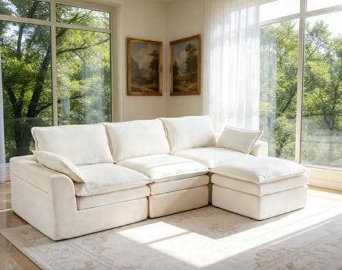 113" Modular Sectional Sofa, Oversized L-Shape Cloud Couch with Deep Seat, Modern Boneless Couch with Side Pockets，Upholstered Sectional Couch for Living Room, No Assembly Required,Chenille,Beige - Image 1