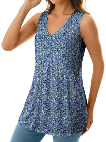 GKBK Womens Tank Tops 2026 V Neck Babydoll Flowy Peplum Hem Tops for Women Dressy Sleeveless Floral Tank Tops Boho Chic Spring Summer Clothing Blue Flower - Thumbnail 3