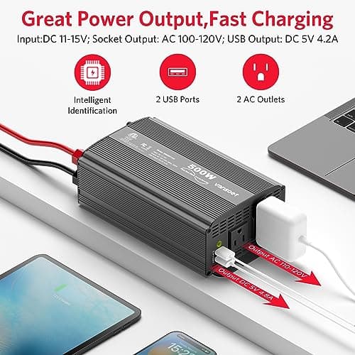VANSOET 500W Pure Sine Wave Power Inverter DC 12V to 110V AC Car Inverter Adapter with 4.2A Dual USB Charging Ports and 2 AC Outlets Inverter(Black) - Thumbnail 2