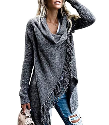 CEASIKERY Women's Tassel Hem Sweater Long Cardigan Knitwer Pullover Poncho Coat Dark Gray - Image 1