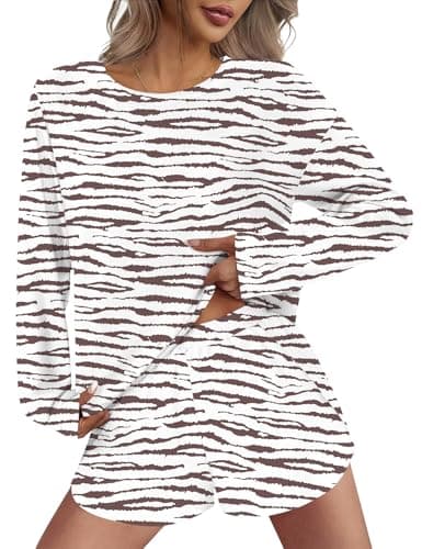 JUSTFASHIONNOW Womens Long Sleeve Pajama Sets Cute Lounge Set 2 Piece Crew Neck Print Sleepwear Comfy Split Short Pajama Set Soft Fall Outfits Loungewear Cozy Pj sets (Brown, Large) - Thumbnail 2