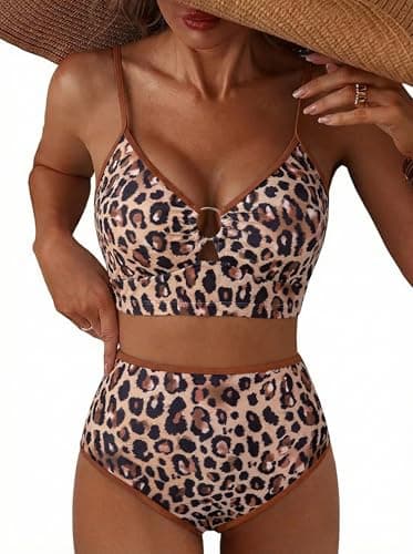 Herseas Women's Bikini Sets 2026 Summer Cutout Push Up Top Floral Print Trim Popular Swimsuits 2 Piece V Neck High Waisted Bathing Suit Casual Resort Swimwear Small Brown Leopard - Image 1