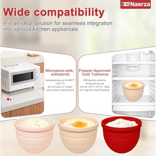 Naerza Silicone Bowl Insert for Kitchen Aid 5 Qt Tilt-Head - Patented Design Bowl Liner, 2pack with Lids, Resistant to collapse Thicker Bowl Insert, Foldable, Heat/Cold Resistant (Beige*Pink) - Thumbnail 3