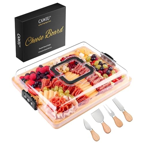 CAWIU Charcuterie Board with Lid and Handle - Portable Travel Design Bamboo Cheese Board Set with 4 Cheese Tools, Gift for Housewarming, Weddings, Picnics (6 Compartments, Black) - Image 1