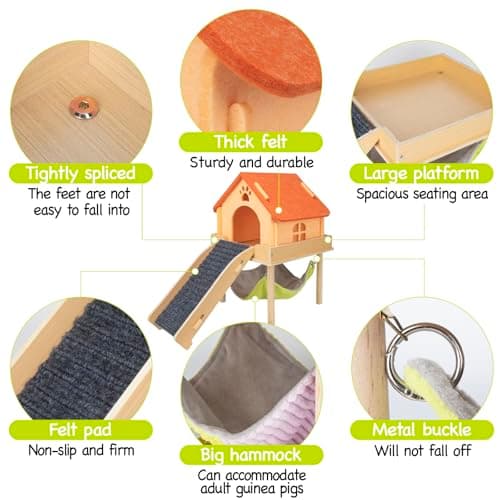 BESNEW 3 in 1 Enlarged Guinea Pig Hammock,Wooden Guinea Pig Hideout with House & Platform & Stairs Small Animal Toys for Hiding Sleeping Activities - Thumbnail 5
