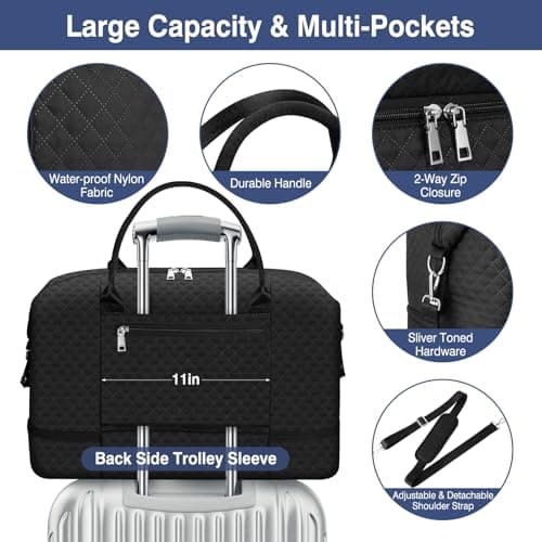 Weekender Bag for Women, Travel Duffel Bag Carry On Overnight Bag with Shoe Compartment Large Nylon Travel Weekend Tote Bag, 9a-black, L - Thumbnail 5
