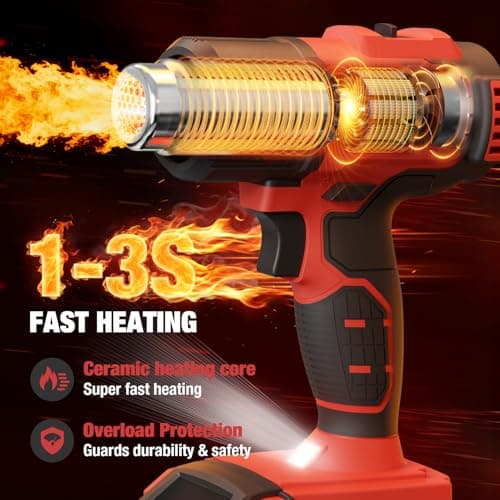 Cordless Heat Gun for Mil-waukee M-18 Battery, 7Pcs Nozzles&Scraper, LED Light, 350W Fast Heating Soldering Hot Air Gun, 2-Temp Setting Max 990℉(532℃), Heat gun for Shrink Tubing, Crafts (Tool Only) - Thumbnail 3