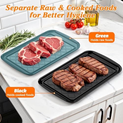 Serving Trays for Party - Set of 2, Large Serving Platters for Raw and Cooked Food, Dishwasher Safe, 17×10.5-inch Stackable Plastic Party Supplies for Grilling, BBQ, Meal Prep (Green, Black) - Thumbnail 3