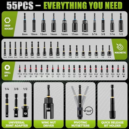 Magnetic Socket Set for Power Drill, Nut Driver Bit Set with Socket Adapters, Quick Release Extension, SAE Metric Sizes and Storage Case - Thumbnail 2