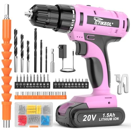 TIKEOL 20V Cordless Pink Drill Set with Battery & Charger, 2-Speed Power Drill for Women, Pure Copper Motor, 250 In-lbs, 3/8" Keyless Chuck, Tool Kit for Home DIY（Pink） - Image 1
