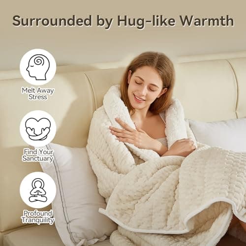 Weighted Blanket Queen Size for Adults,15lbs Jacquard Sherpa Heavy Blanket for Calming and Relax, Dual Sided Ultra Soft Fuzzy Throw Blanket with Glass Beads, 48" x 72", Cream White - Thumbnail 2