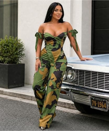 knowfashionstyle Sexy 2 Piece Sets For Women Going Out Sleeveless Croset Top And Wide Leg Pants Set Party Birthday Outfits Camouflage 2Xl - Thumbnail 6