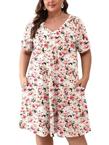 AusLook Plus Size Midi Dress for Women Creamy Vintage Blossom 5X Short Sleeve Loose V Neck Summer Casual A Line Knee Length Work Outfit T Shirt 2026 Sundresses with Pockets - Image 1