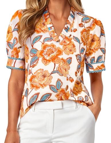 GRACE KARIN Women Boho Floral Tops, Summer Puff Short Sleeve Dressy Casual Shirts, 2026 Spring V Neck Vacation Work Blouse Orange White XL - Image 1